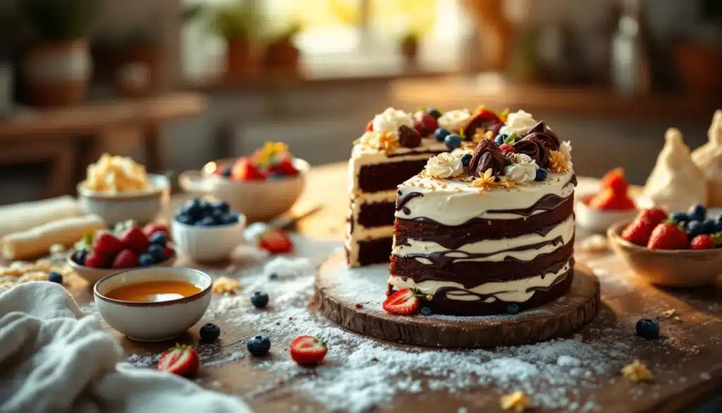 Gâteau au chocolat avec fruits frais et crème