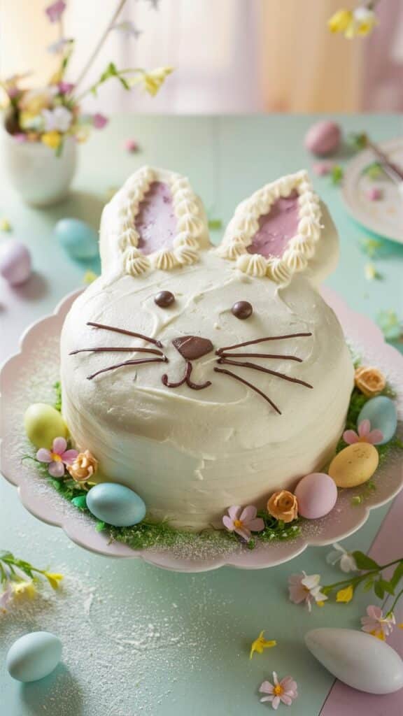 Gâteau lapin avec œufs de Pâques colorés.