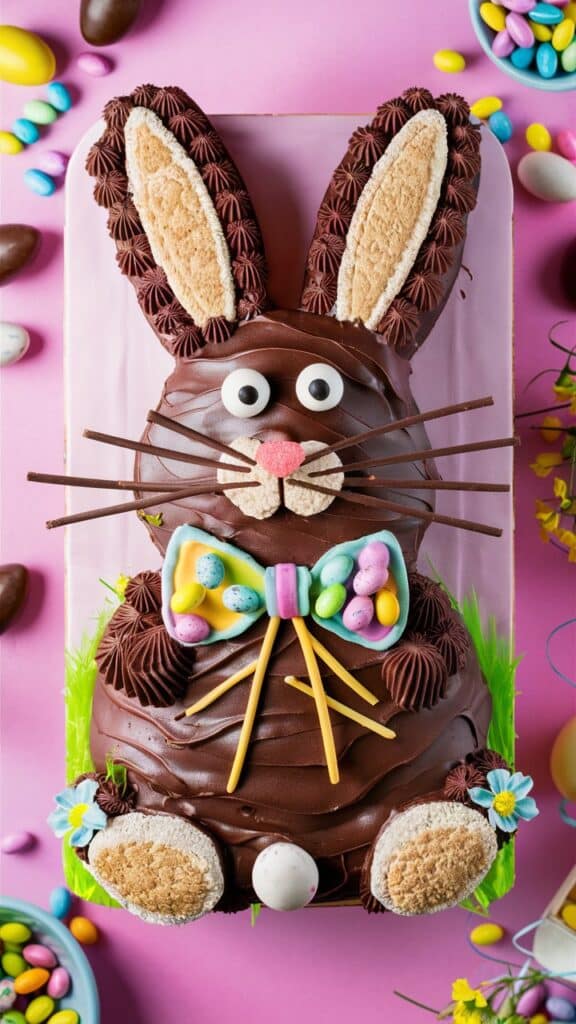 Gâteau lapin chocolat avec bonbons colorés.