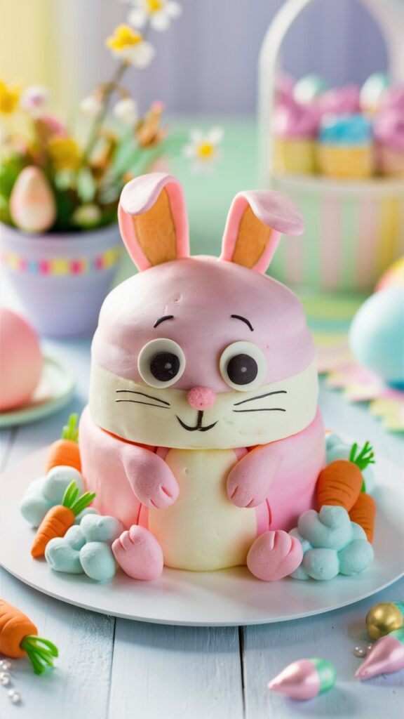 Gâteau en forme de lapin de Pâques coloré.
