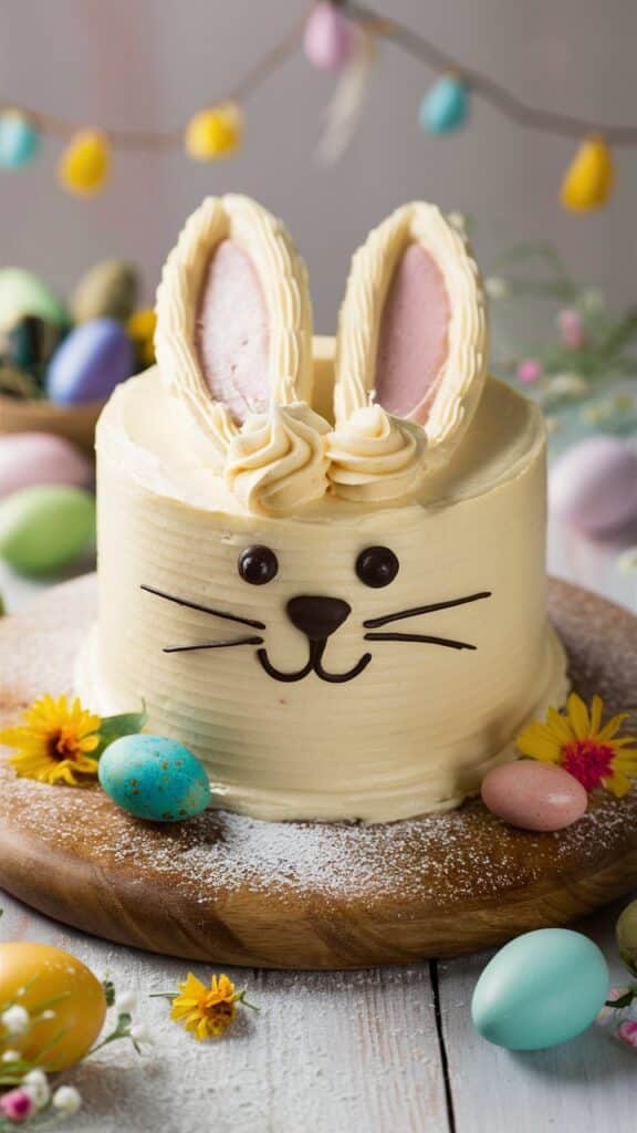 Gâteau lapin de Pâques décoré avec oeufs colorés.