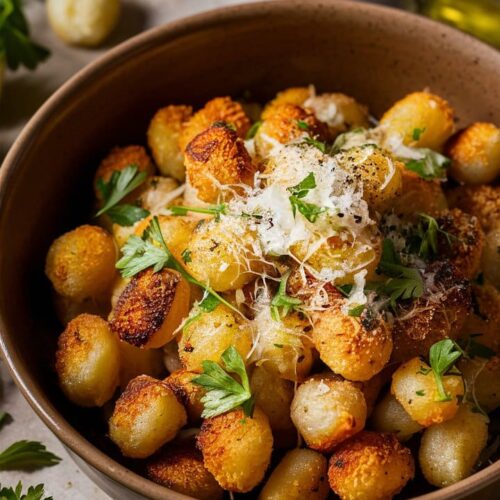 Bol de gnocchis dorés avec du parmesan.