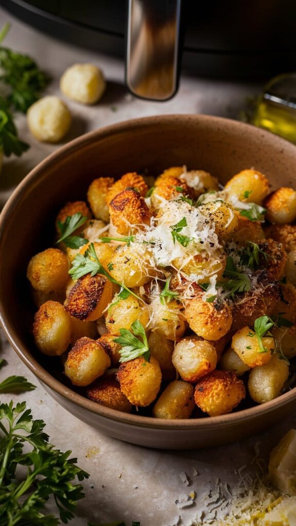 Bol de gnocchis dorés avec du parmesan.