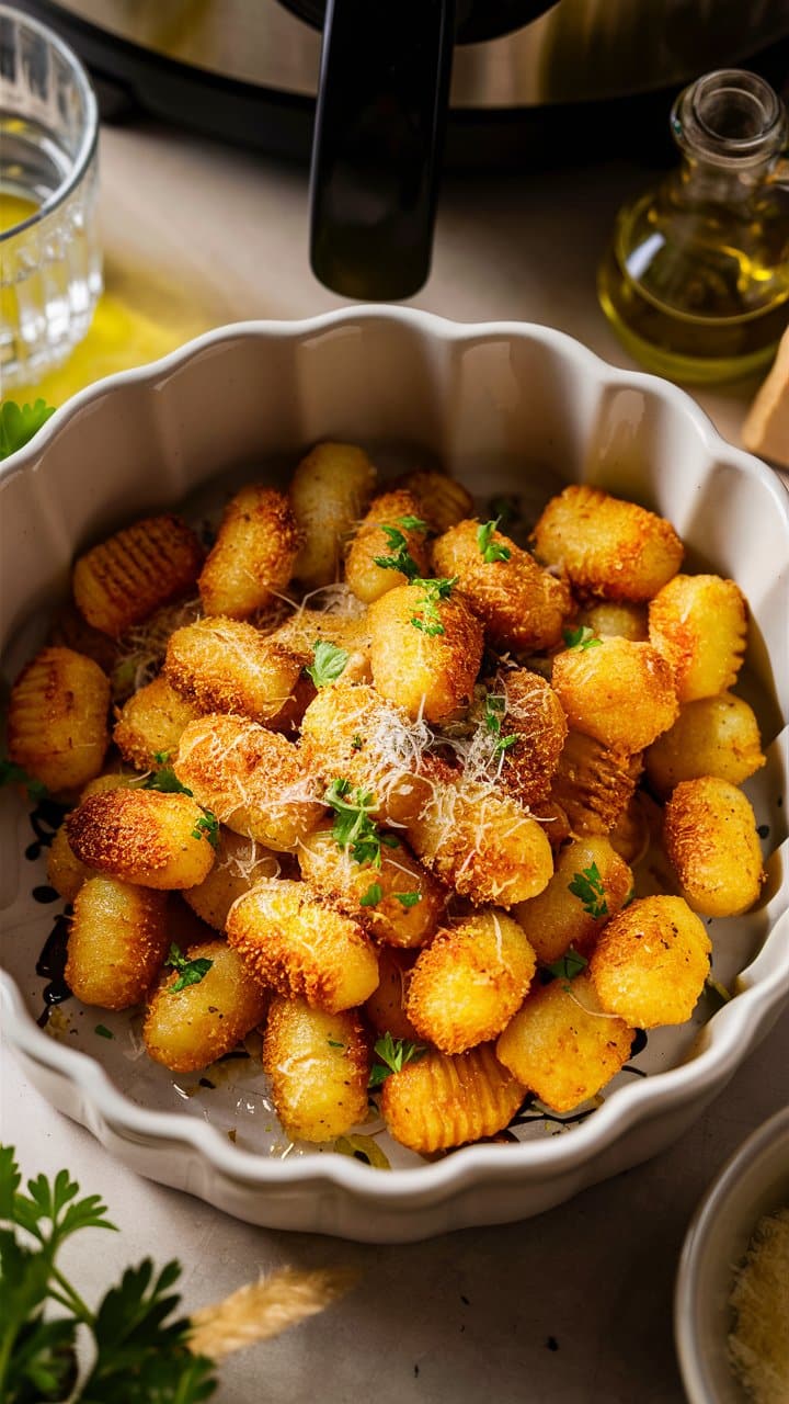 Gnocchis dorés au parmesan dans un plat.