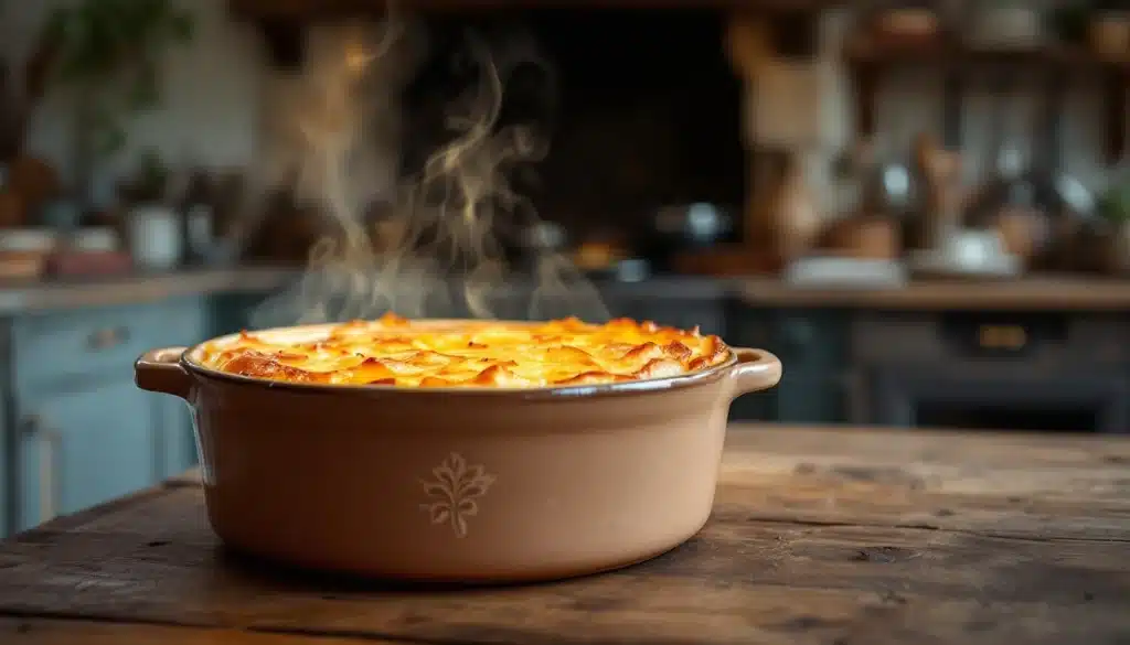 Tarte fumante dans un plat en céramique.