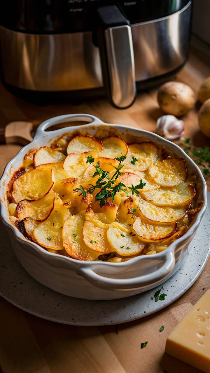 Gratin de pommes de terre dans un plat blanc.
