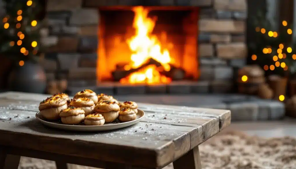 Plateau de champignons devant cheminée en feu