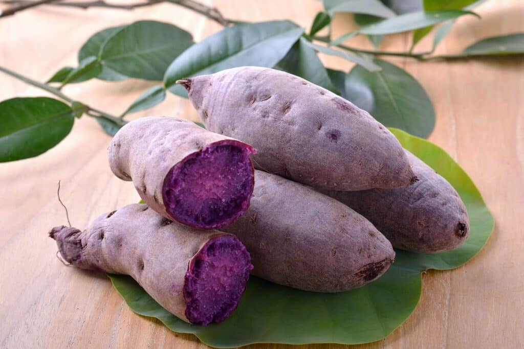 Patates douces violettes sur feuille verte.