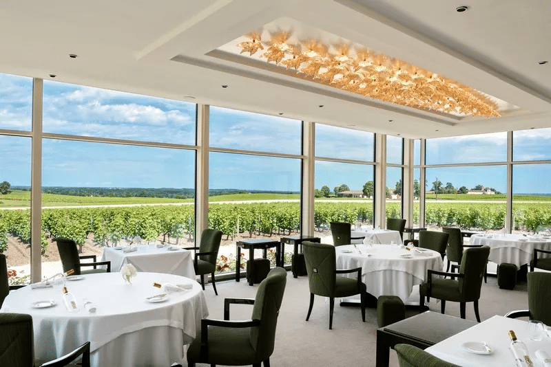 Salle à manger élégante avec vue sur vignes.