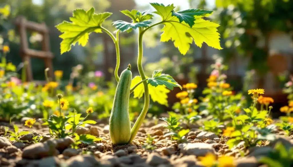 Jeune courgette pousse dans un jardin ensoleillé.