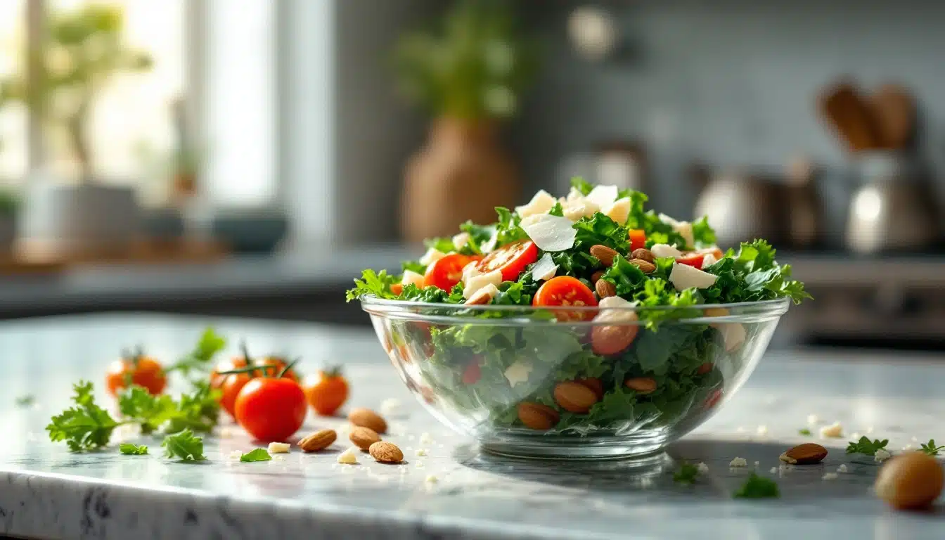 Salade verte avec tomates et amandes dans bol.