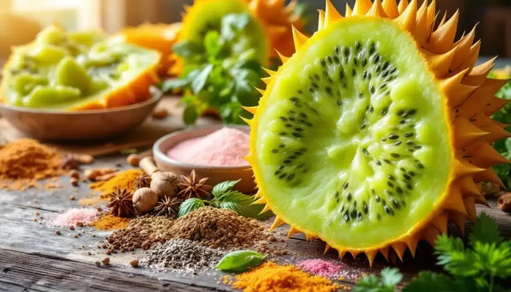 Fruit tropical coupé en deux avec épices environnantes.