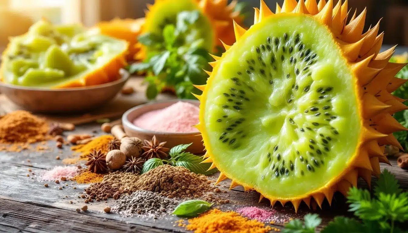 Fruit tropical coupé en deux avec épices environnantes.