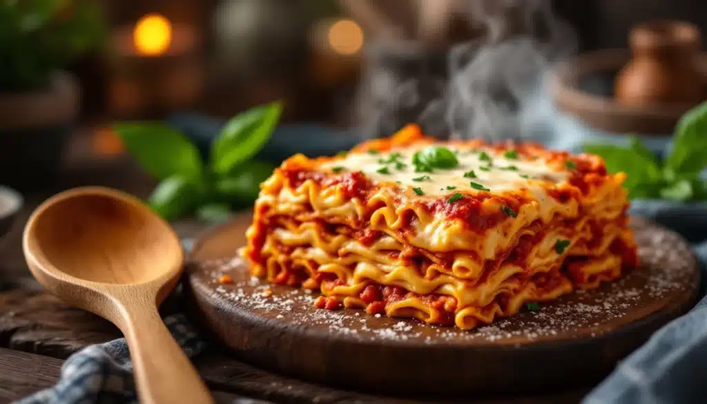 Lasagnes vapeur sur planche bois, cuillère à côté.