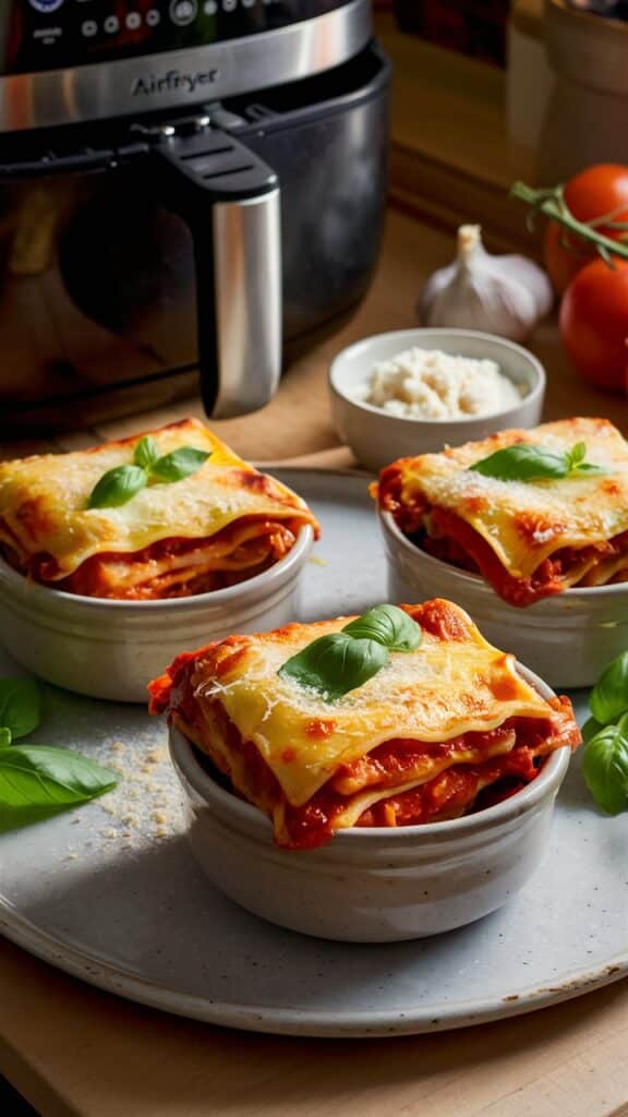 Lasagnes au four sur table avec airfryer.