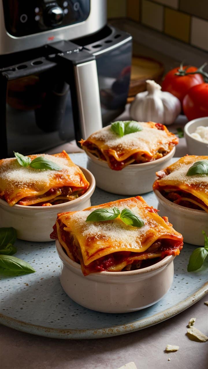 Petites lasagnes avec basilic frais.