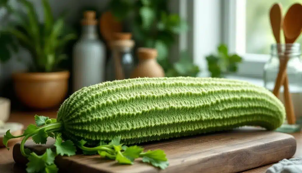 Tricot en forme de concombre sur planche.
