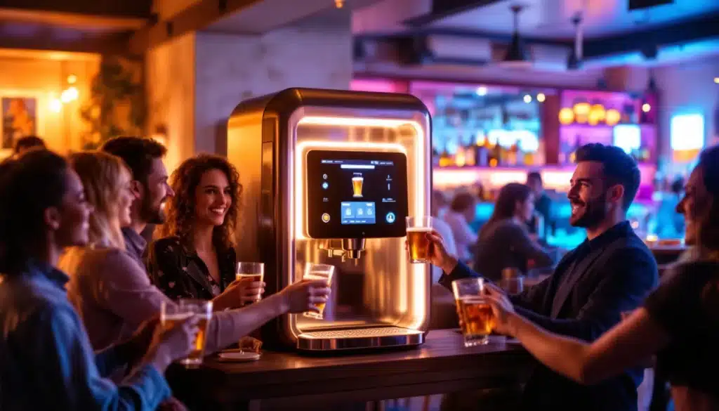 Groupe profitant de bières autour d'un distributeur automatique.