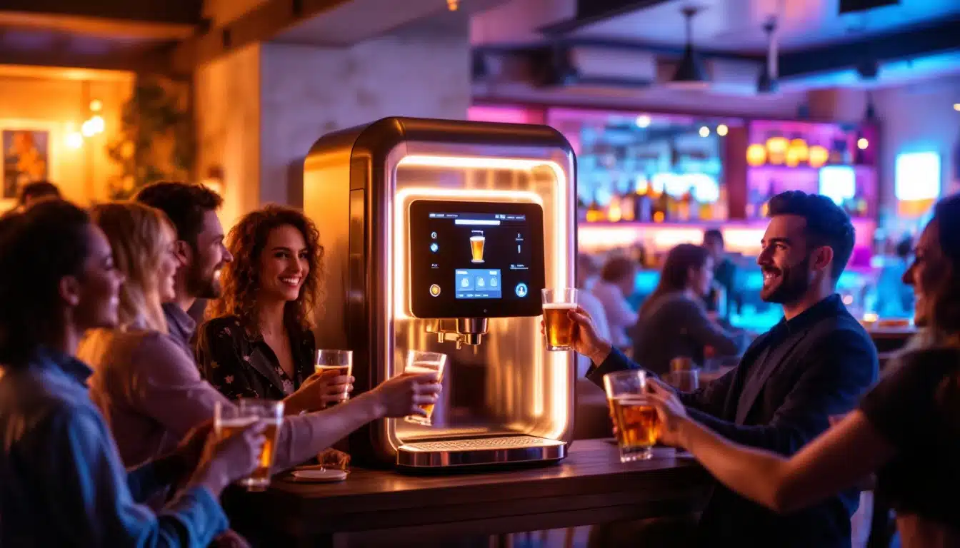 Groupe profitant de bières autour d'un distributeur automatique.
