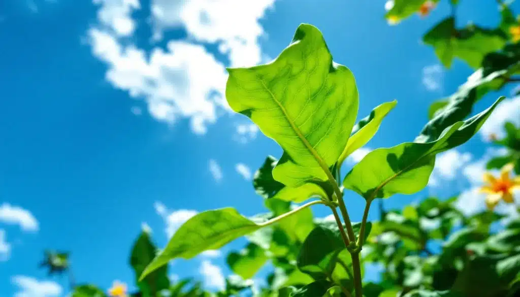 Feuille verte sous ciel ensoleillé et bleu