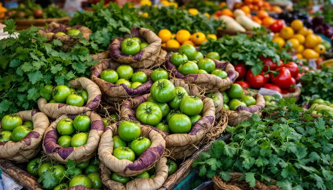 Marché avec légumes frais et fruits colorés.