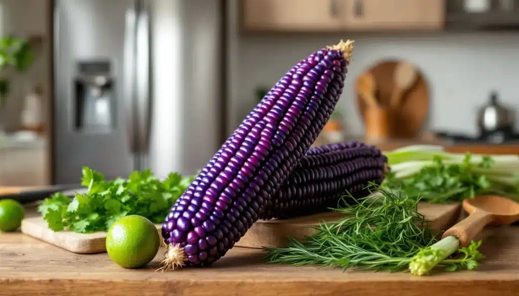 Maïs violet avec lime et herbes fraîches