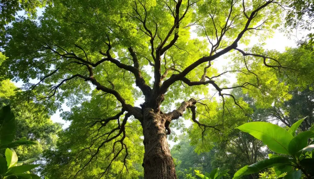 Grand arbre en pleine forêt verdoyante.