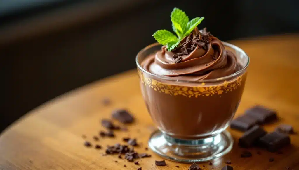 Mousse chocolat garnie de menthe et copeaux.