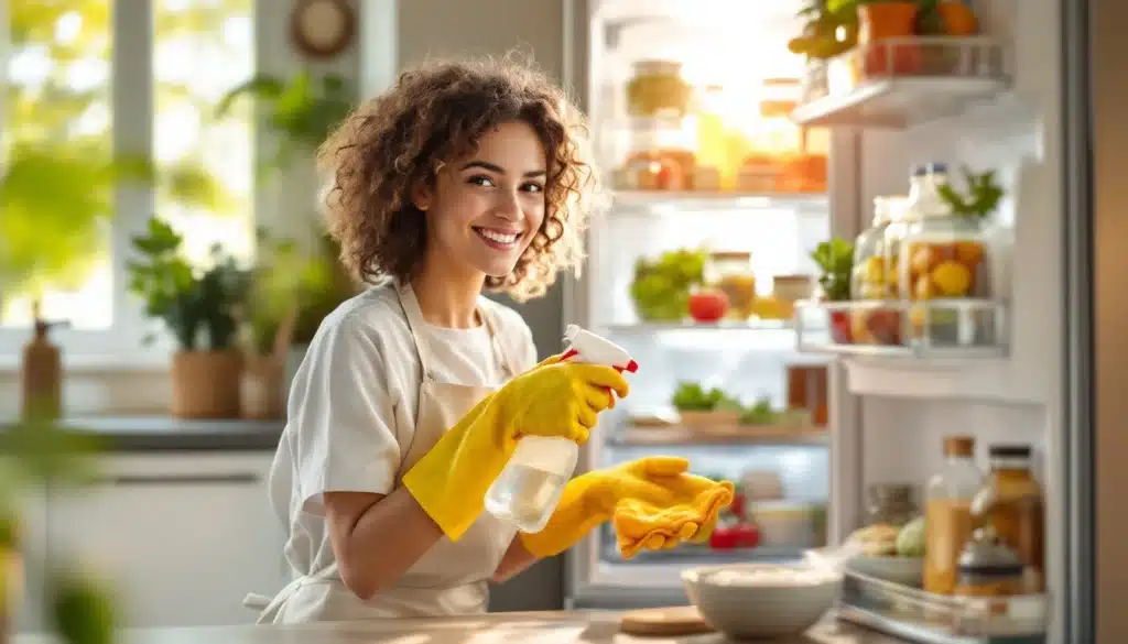 Femme nettoyant un réfrigérateur rempli.