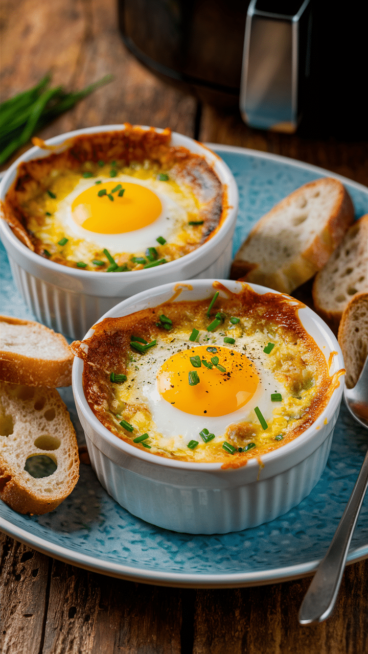Ramequins d'œufs au four avec ciboulette et pain.