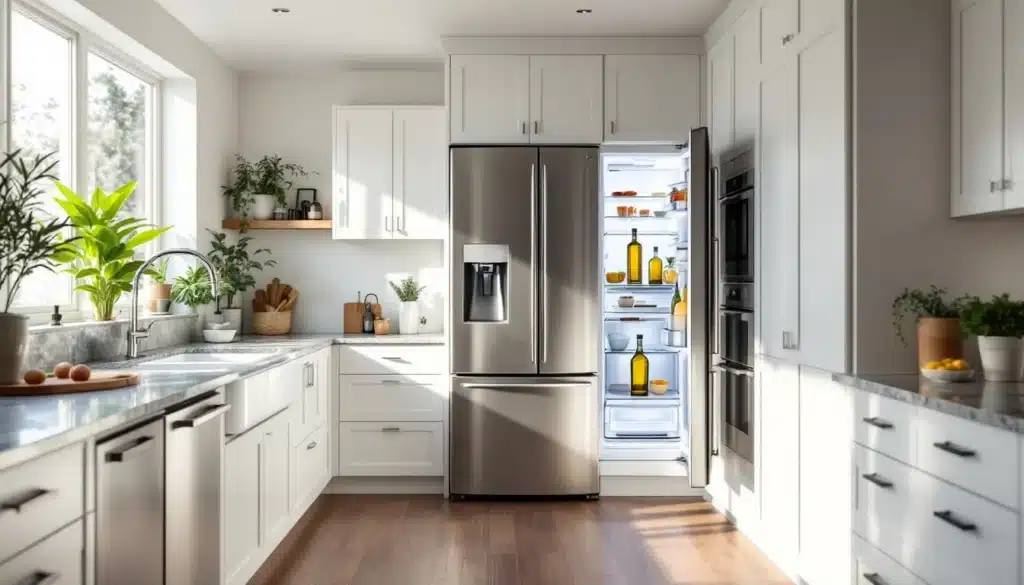 Cuisine moderne avec réfrigérateur ouvert lumineux.