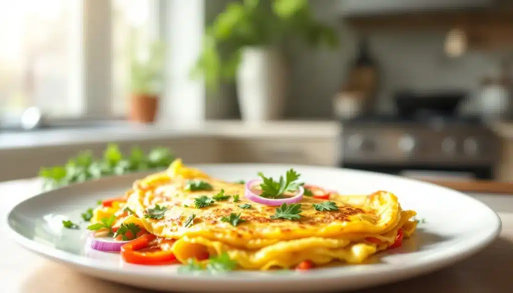 Omelette garnie de légumes frais dans une cuisine.