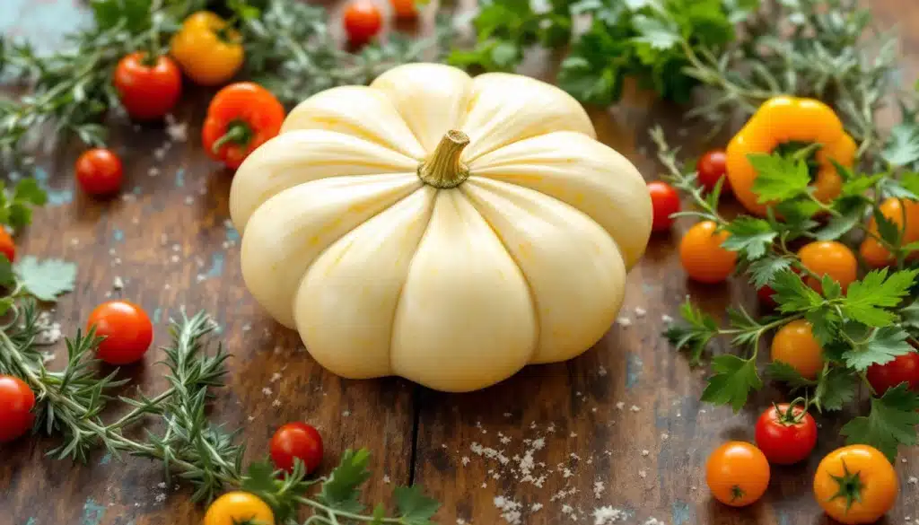 Potiron blanc entouré de tomates et herbes.