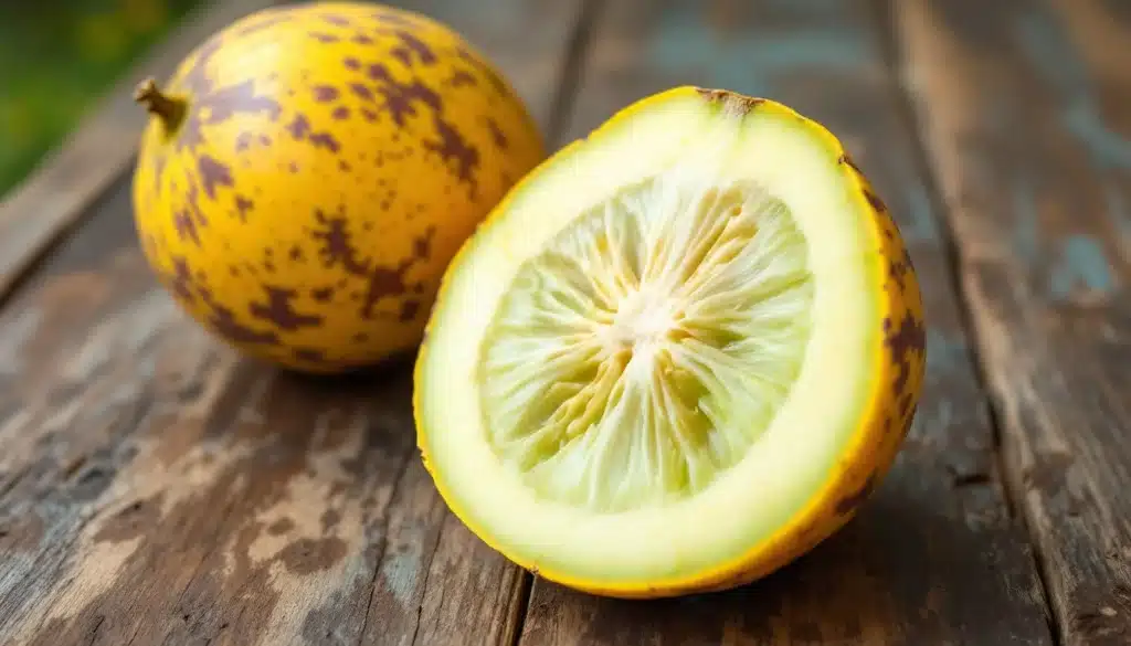 Fruit pepino tranché sur table en bois