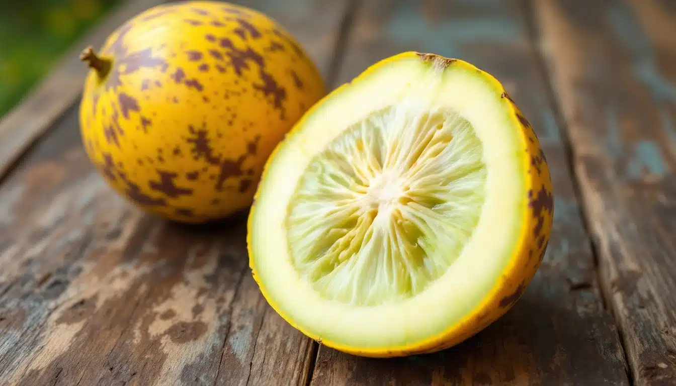 Fruit pepino tranché sur table en bois