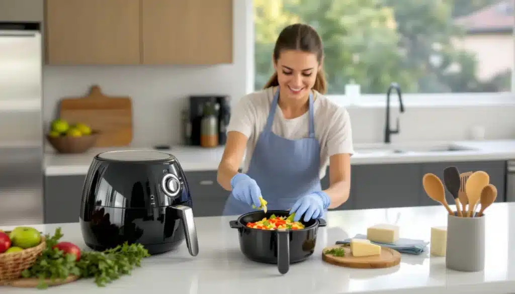 Préparation de légumes pour une friteuse moderne.