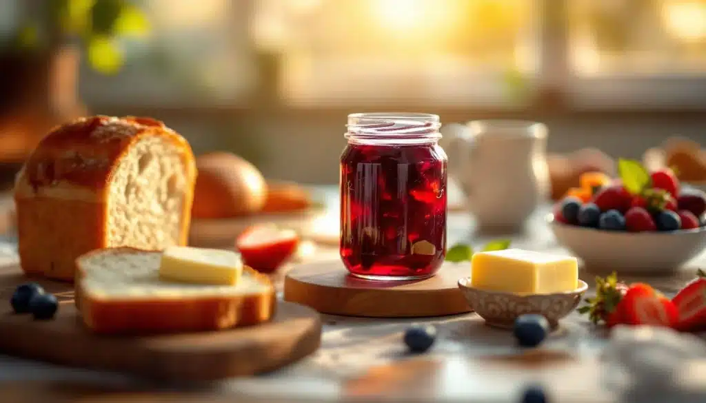 Petit déjeuner avec confiture et pain beurré.