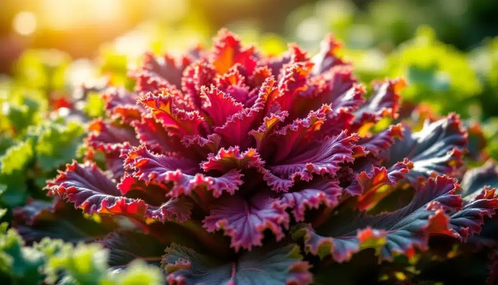 Chou décoratif aux feuilles rouges et vertes.
