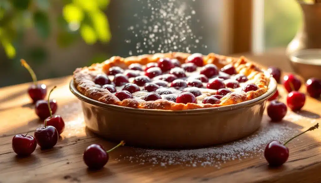 Tarte aux cerises saupoudrée de sucre glace.
