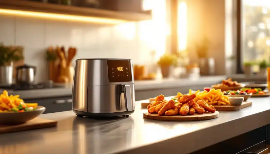 Friteuse à air chaud sur comptoir de cuisine moderne.