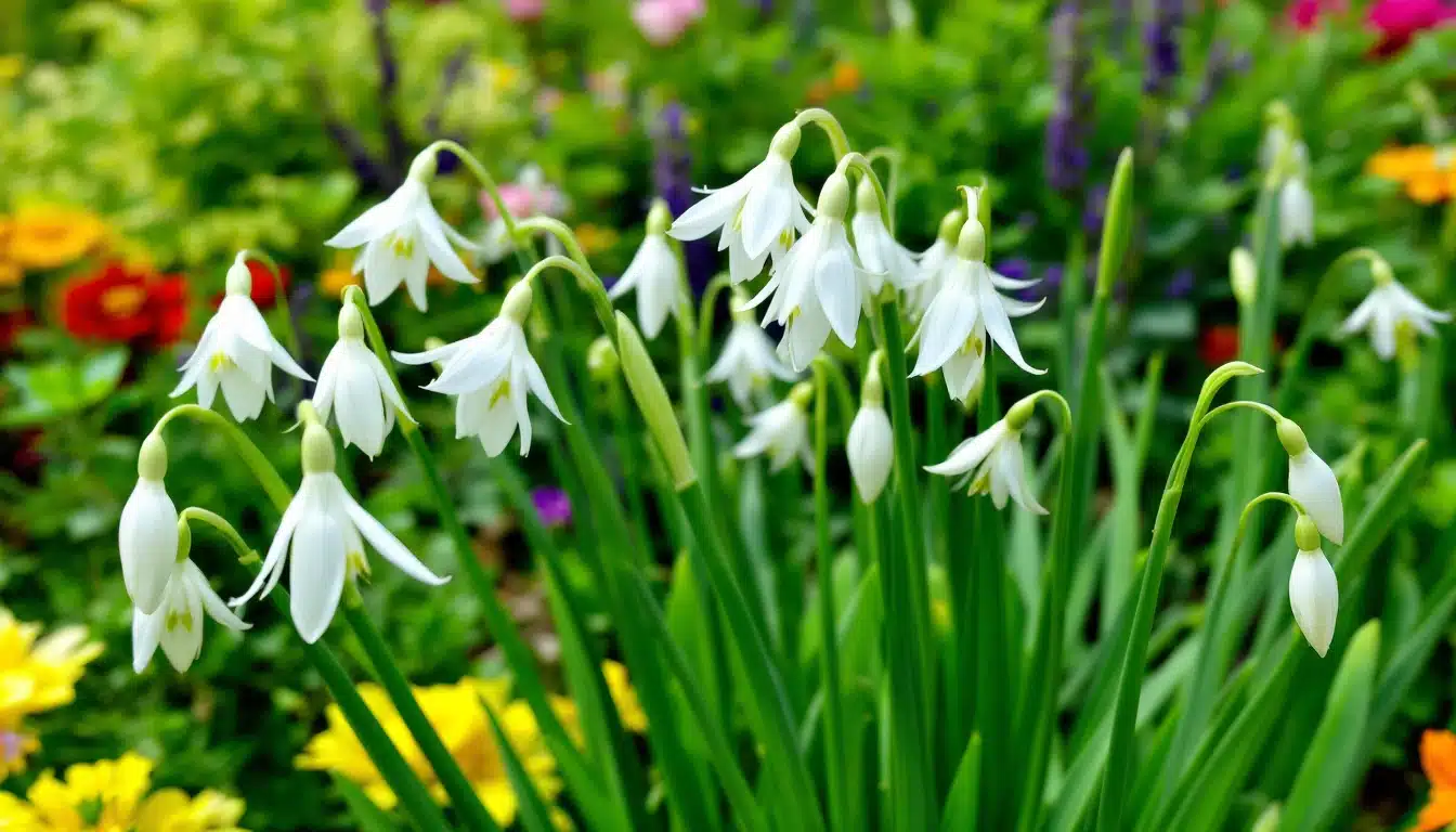 Fleurs blanches dans un jardin coloré