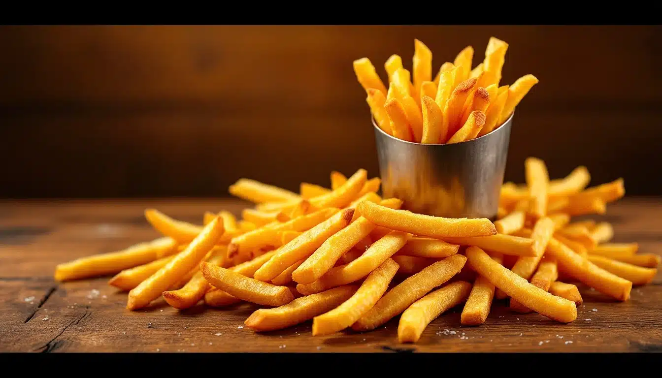 Frites croustillantes servies dans une coupe en métal.