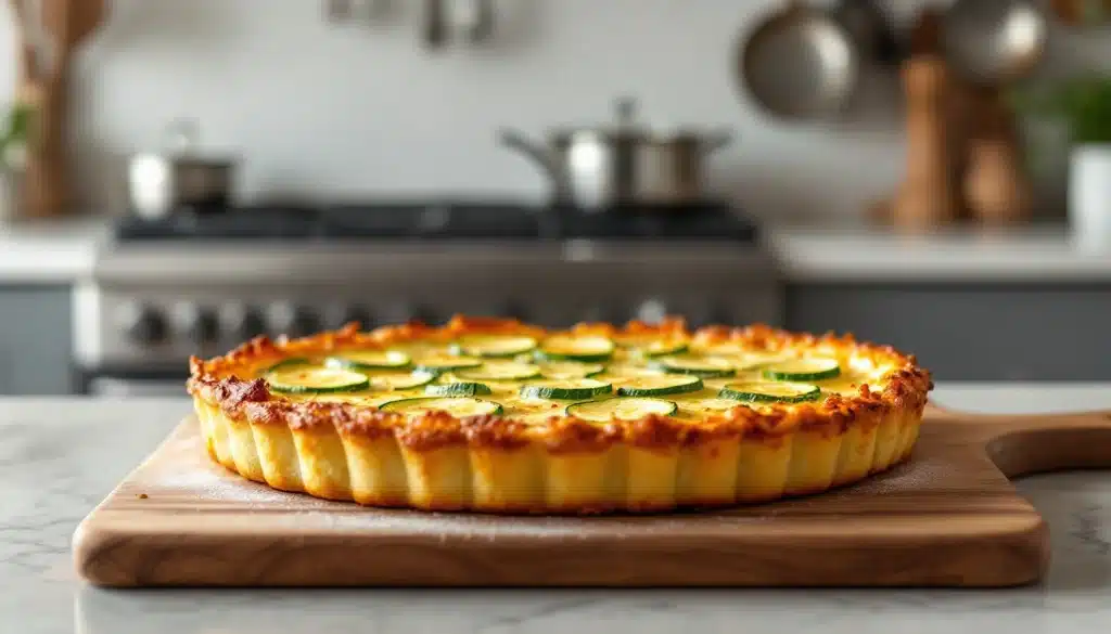 Quiche aux courgettes sur une planche en bois.