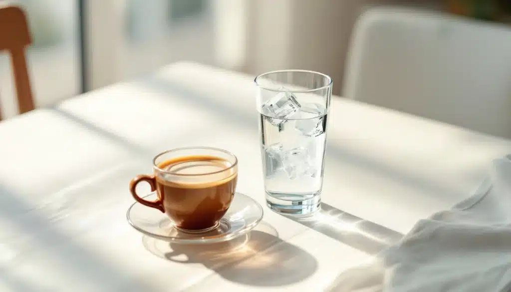 Tasse de café et verre d'eau glacée.