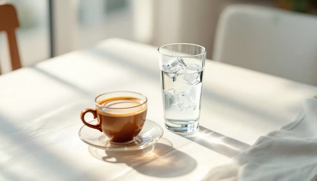 Tasse de café et verre d'eau glacée.