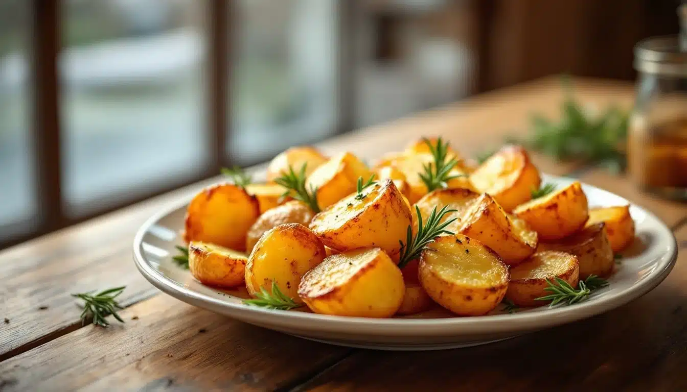 Pommes de terre rôties avec romarin sur assiette.