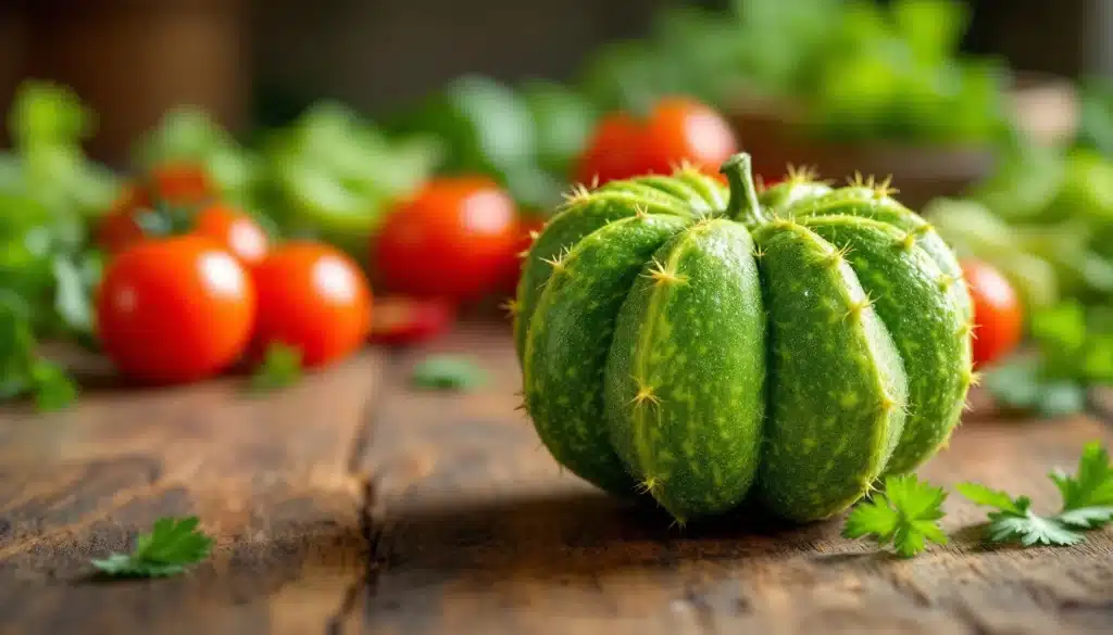 Concombre épineux et tomates sur table en bois.