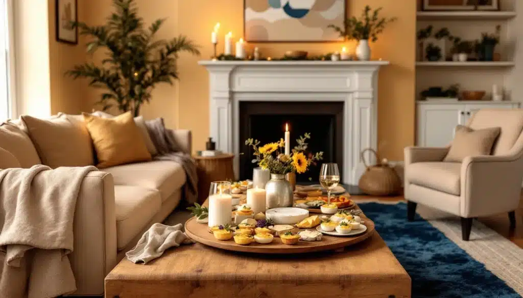 Salon chaleureux avec canapé, cheminée, et table décorée.