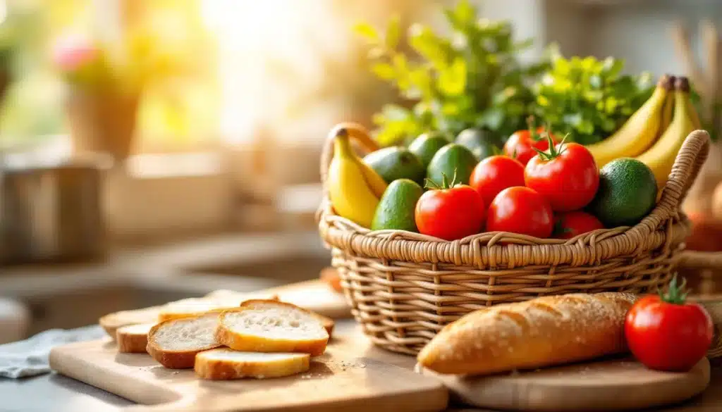 Panier de fruits et légumes avec pain.