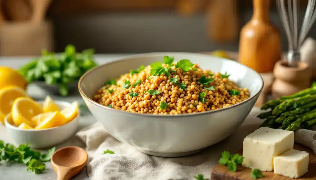 Salade de couscous perlé, citron et herbes fraîches.